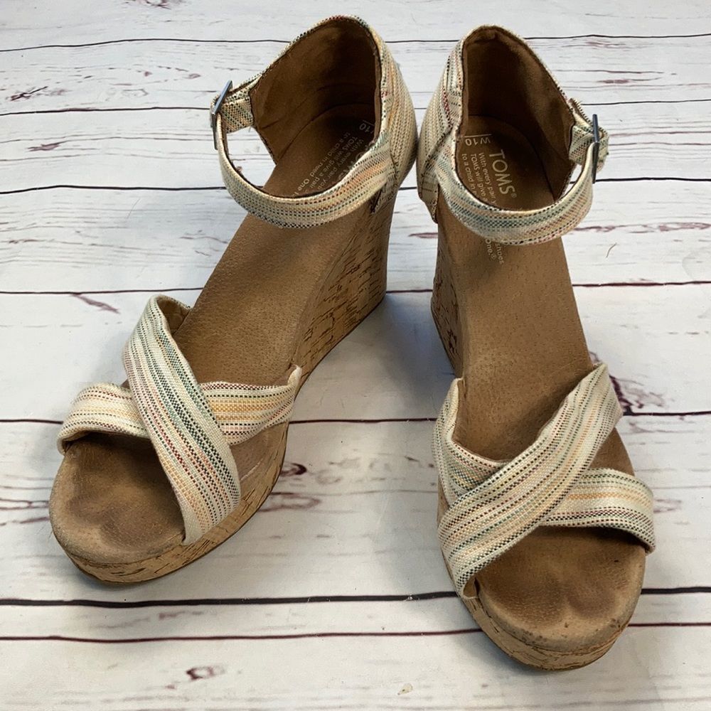 Toms Strappy Cork Platform Sandals.